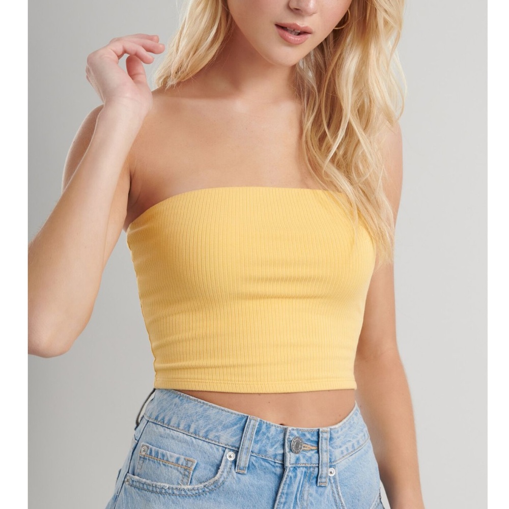 Garage Yellow Strapless Fitted Crop Top